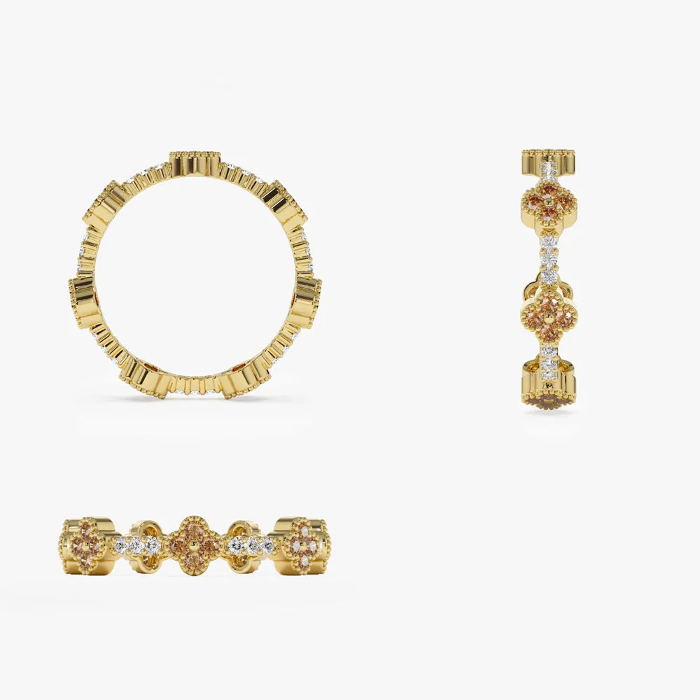 14k Full Eternity Clover Citrine and Diamond Ring