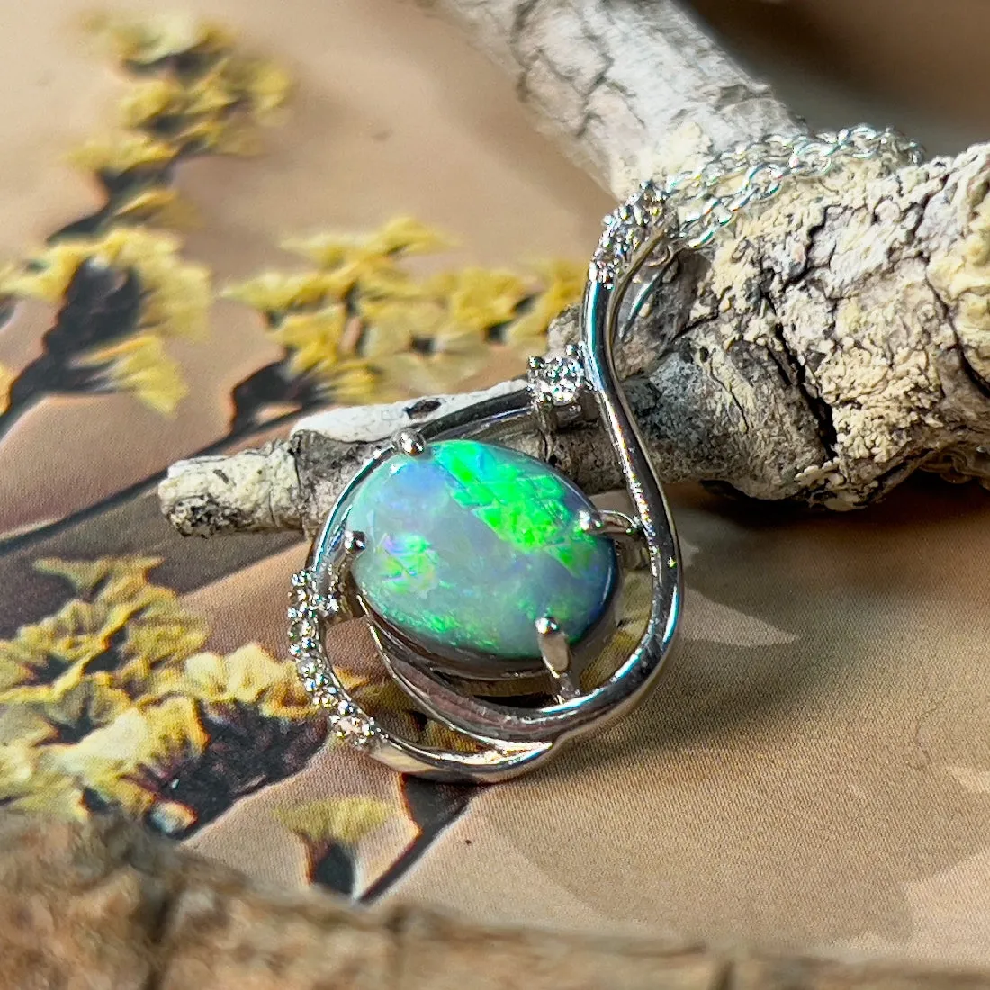 14Kt White Gold Black Opal 2.08ct & Diamond Pendant - Dainty Opal Necklace, Elegant Gift for Her, Minimalist & Gold Women's Necklace