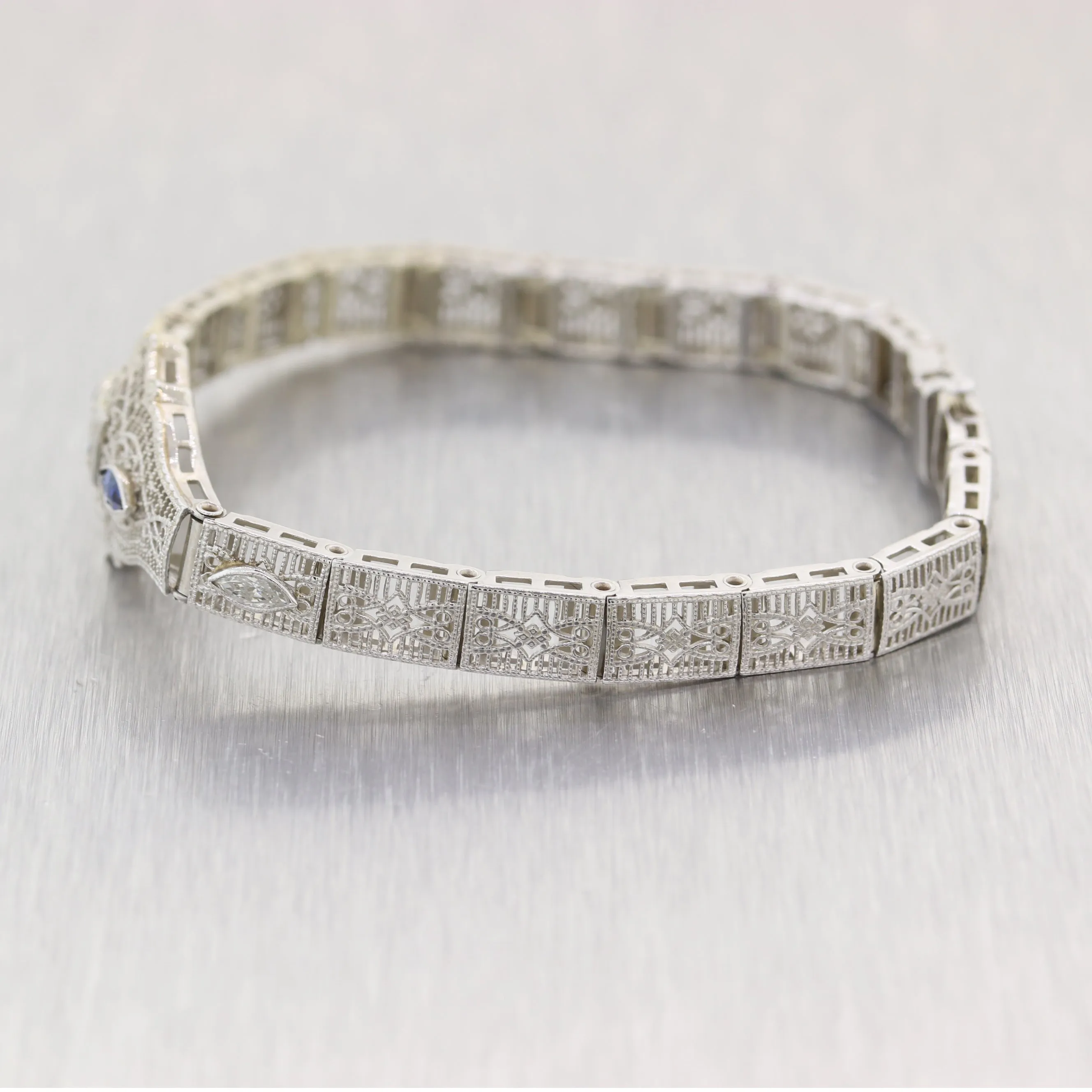 1930 Art Deco 14k White Gold .50ct Marquise Sapphire & Diamond Filigree Bracelet