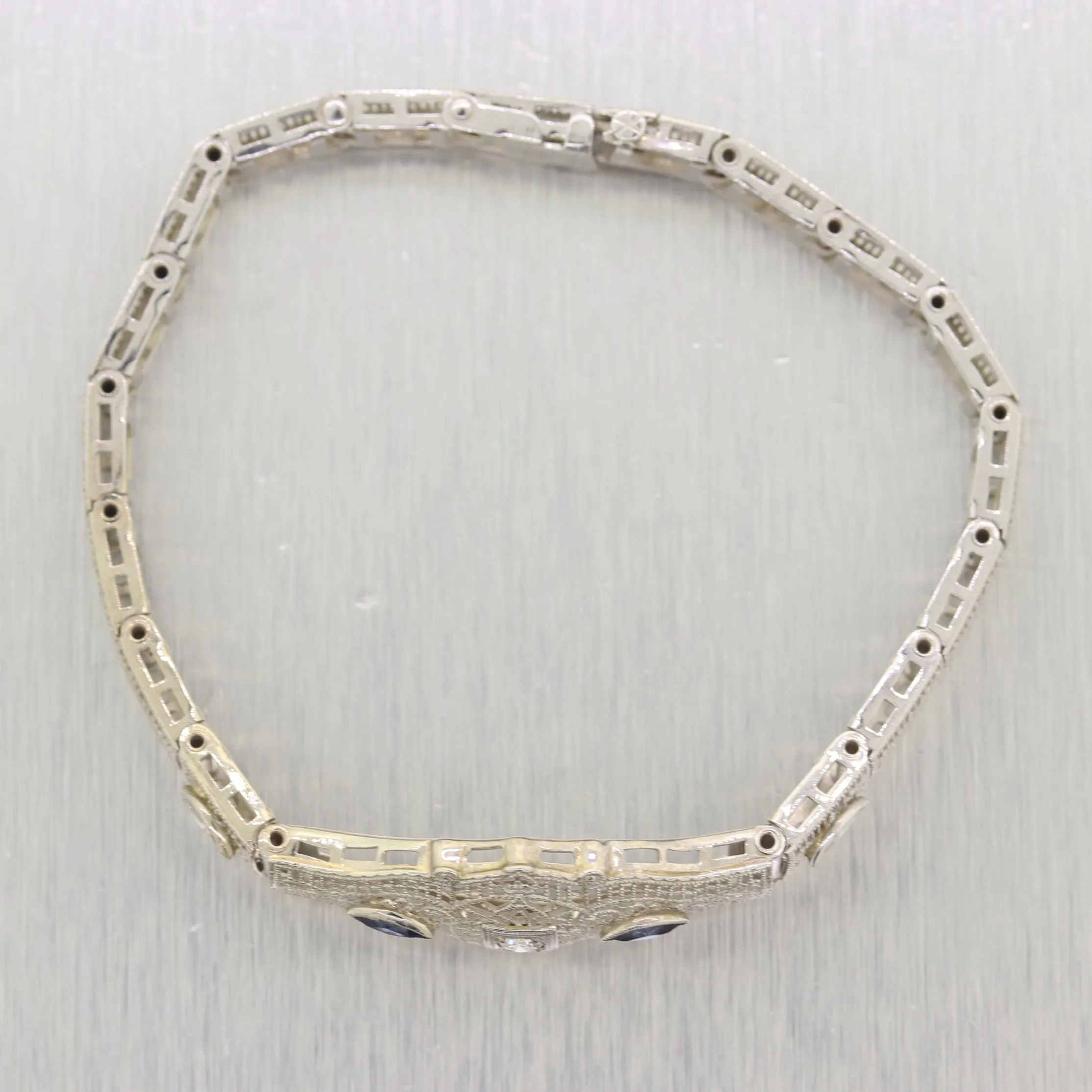 1930 Art Deco 14k White Gold .50ct Marquise Sapphire & Diamond Filigree Bracelet