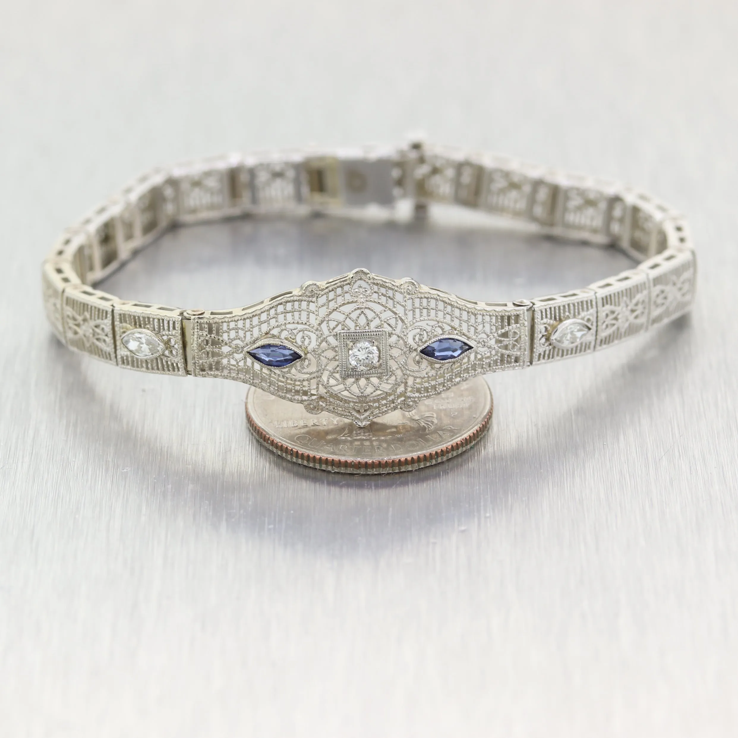 1930 Art Deco 14k White Gold .50ct Marquise Sapphire & Diamond Filigree Bracelet