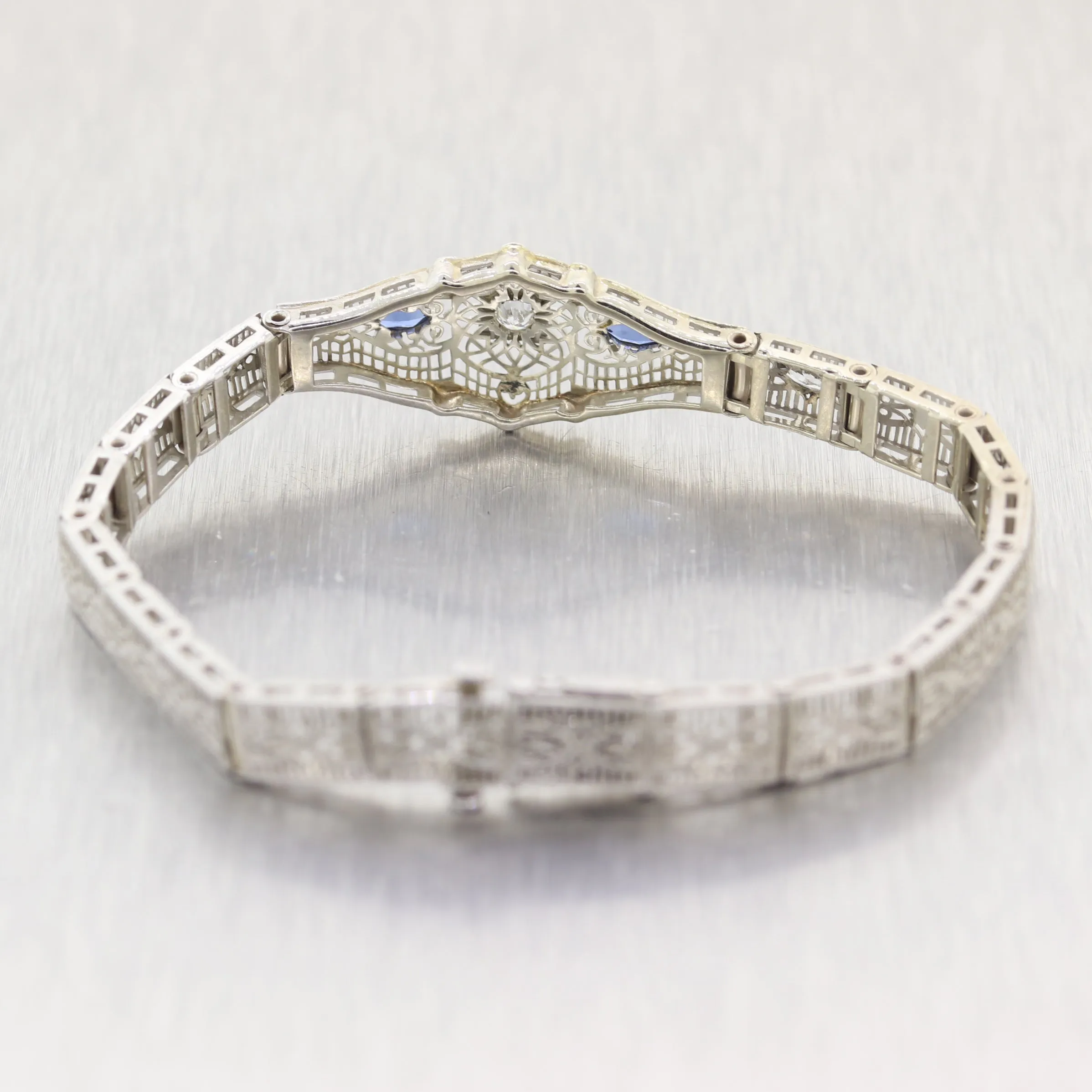 1930 Art Deco 14k White Gold .50ct Marquise Sapphire & Diamond Filigree Bracelet
