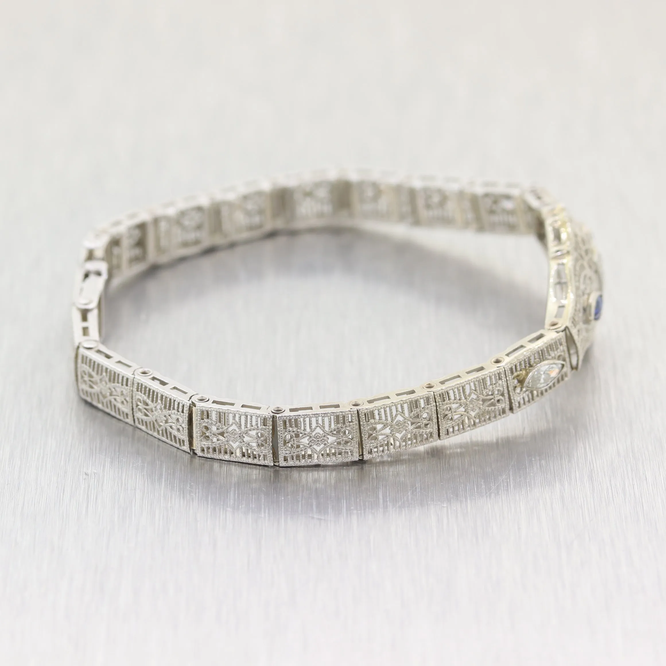 1930 Art Deco 14k White Gold .50ct Marquise Sapphire & Diamond Filigree Bracelet