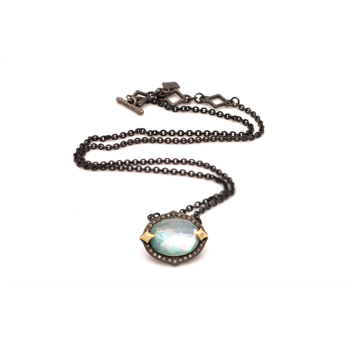Armenta Blackened Sterling Silver and 18K Yellow Gold Triplet with Peruvian Opal, MOP and White Quartz Necklace with Champagne Diamonds