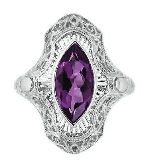 Art Deco Amethyst Filigree Cocktail Ring in 14 Karat White Gold