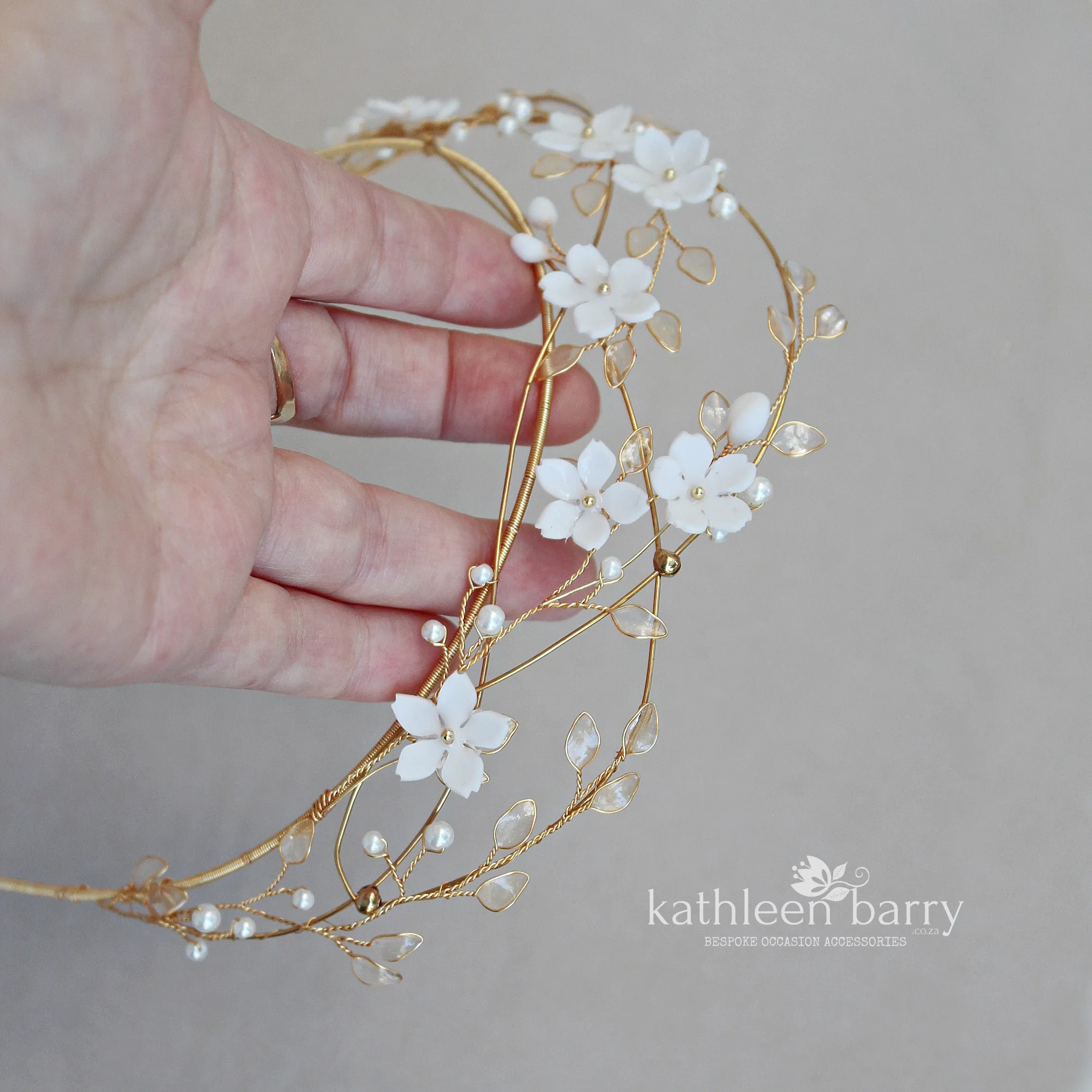 Delicate Tiara style wedding crown flowers transparent leaves and pearls  - Custom colors available - STYLE Lisinka