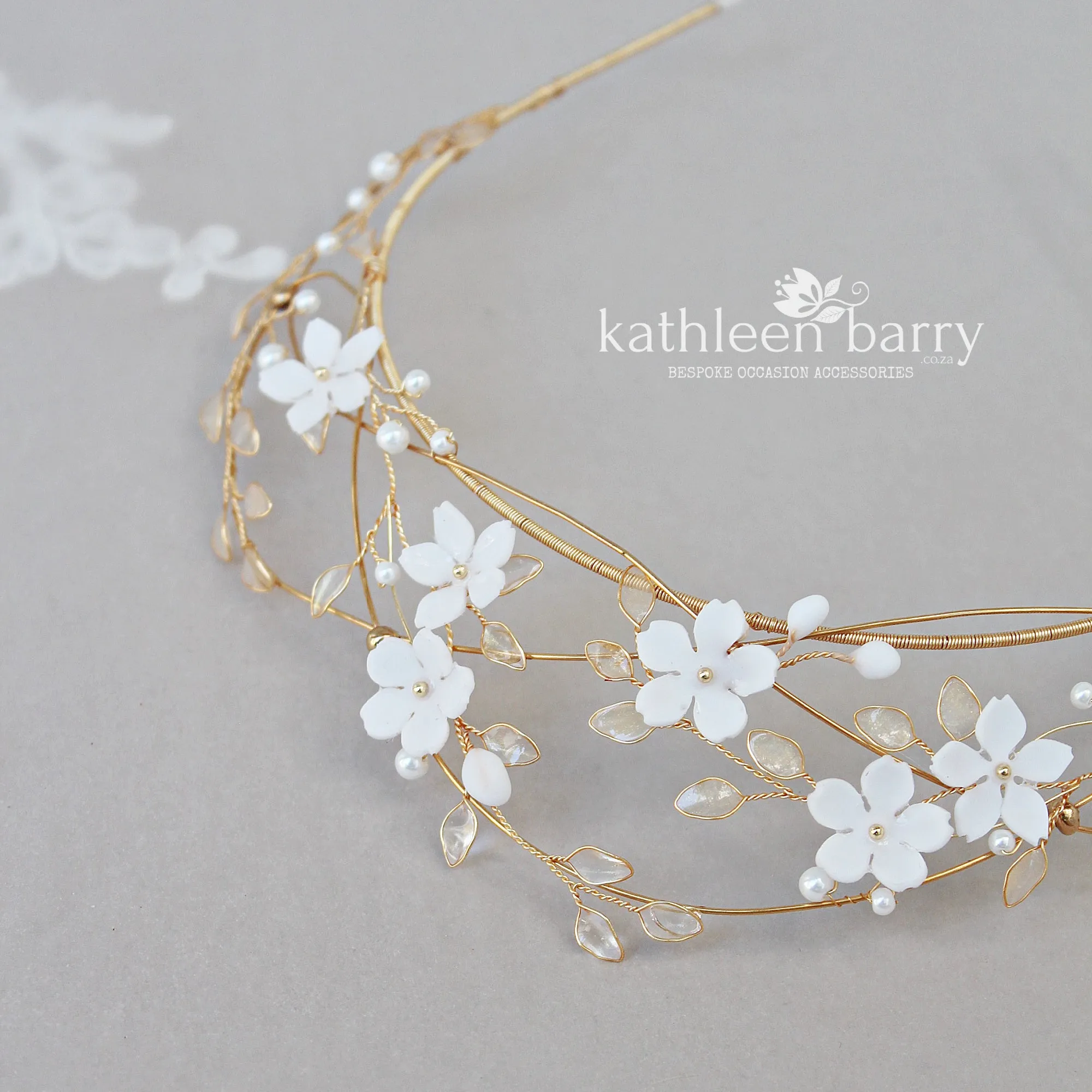 Delicate Tiara style wedding crown flowers transparent leaves and pearls  - Custom colors available - STYLE Lisinka