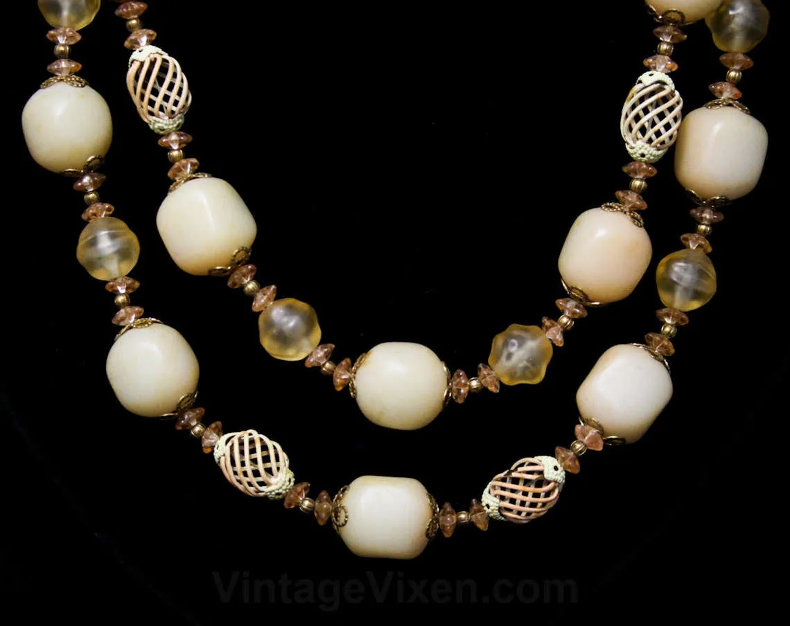 Ecru & Filigree Necklace - 60s Cage Style Beads - Misty Clear Beads - All Season Neutral Classic - Double Two Strand - 1960s Secretary Chic