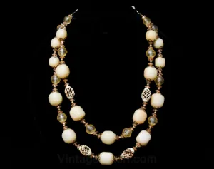 Ecru & Filigree Necklace - 60s Cage Style Beads - Misty Clear Beads - All Season Neutral Classic - Double Two Strand - 1960s Secretary Chic