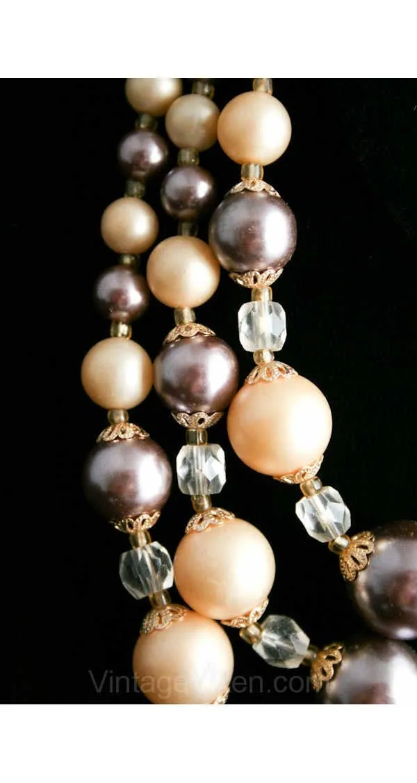 Fawn & Gray Pearls Triple-Strand Necklace - Beige Grey 1950s Office Jewelry - Secretary Elegance - Pretty Filigree - Cut Glass - 38398-1