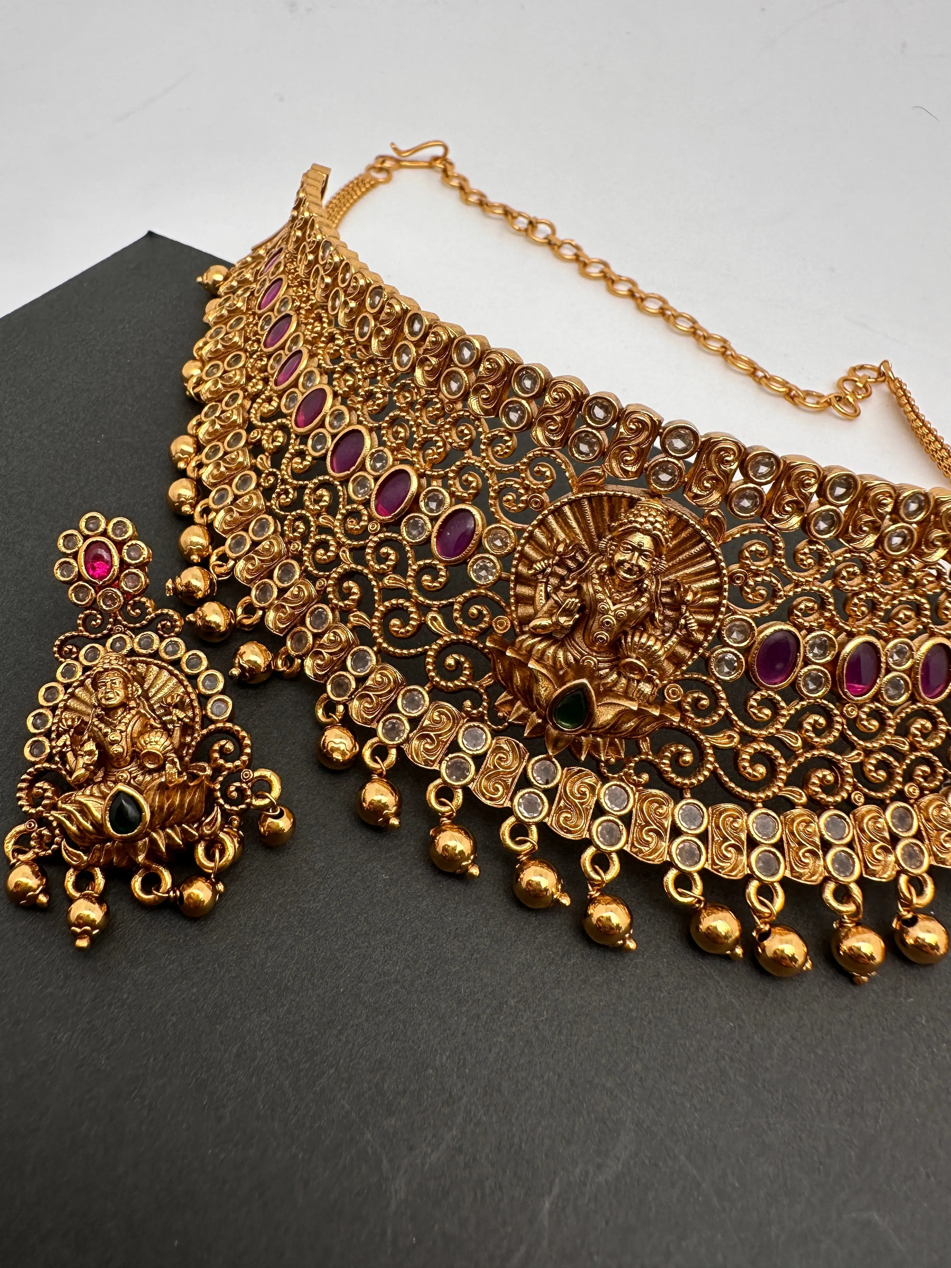 Goddess Lakshmi Premium Matte Finish CZ Red Kemp Stone Nakshi Choker