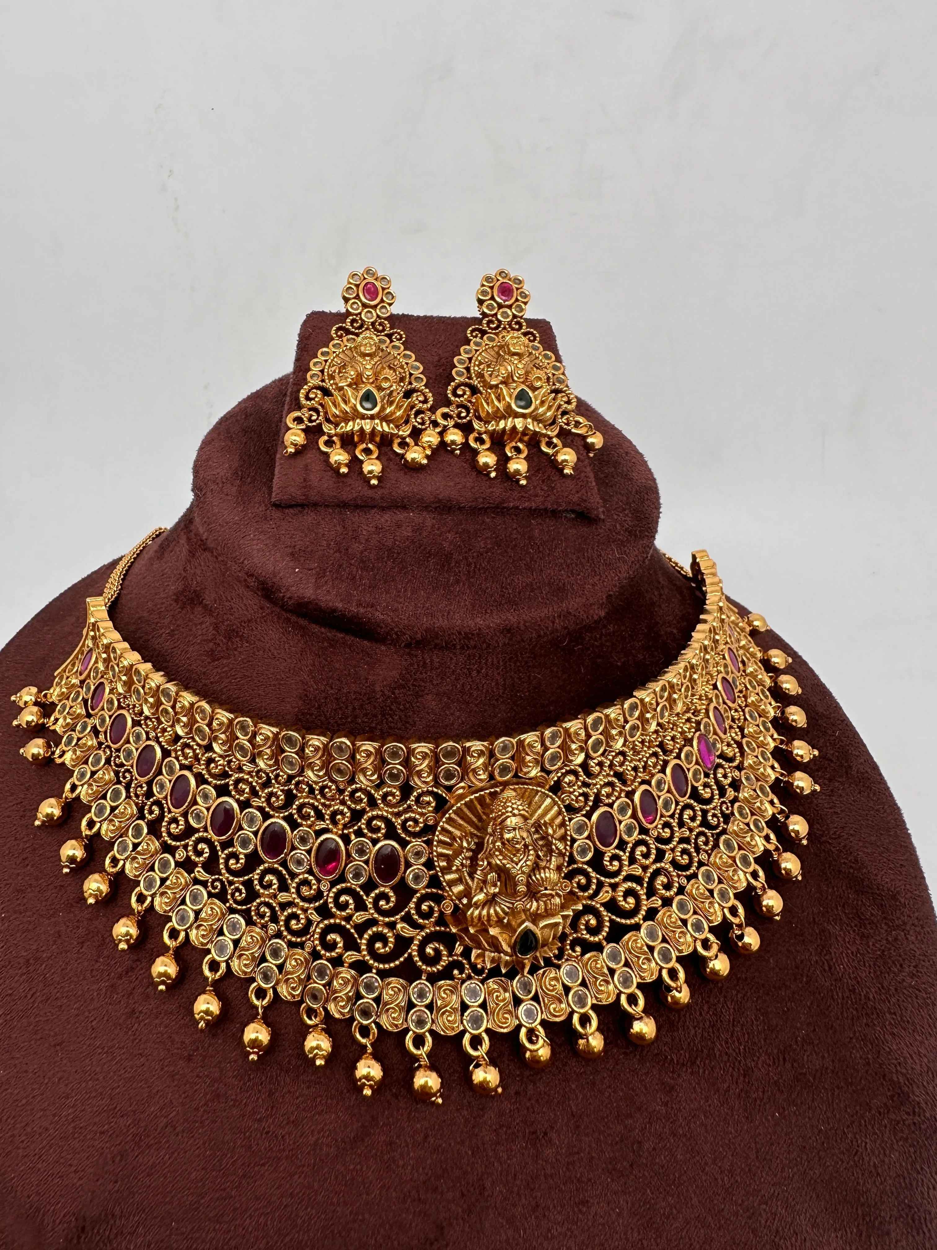 Goddess Lakshmi Premium Matte Finish CZ Red Kemp Stone Nakshi Choker