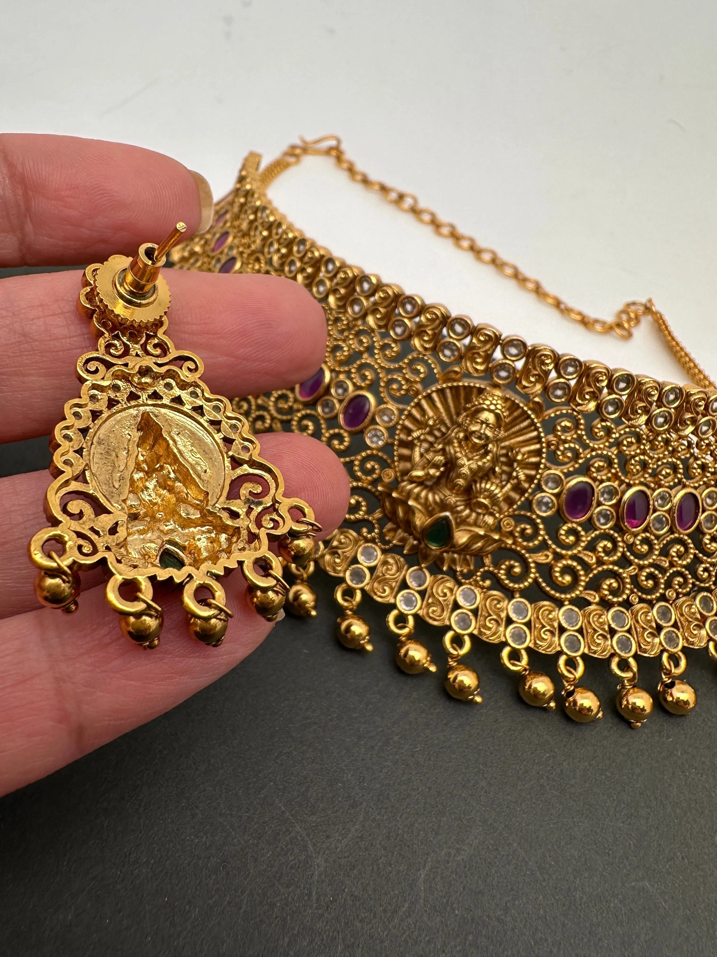 Goddess Lakshmi Premium Matte Finish CZ Red Kemp Stone Nakshi Choker