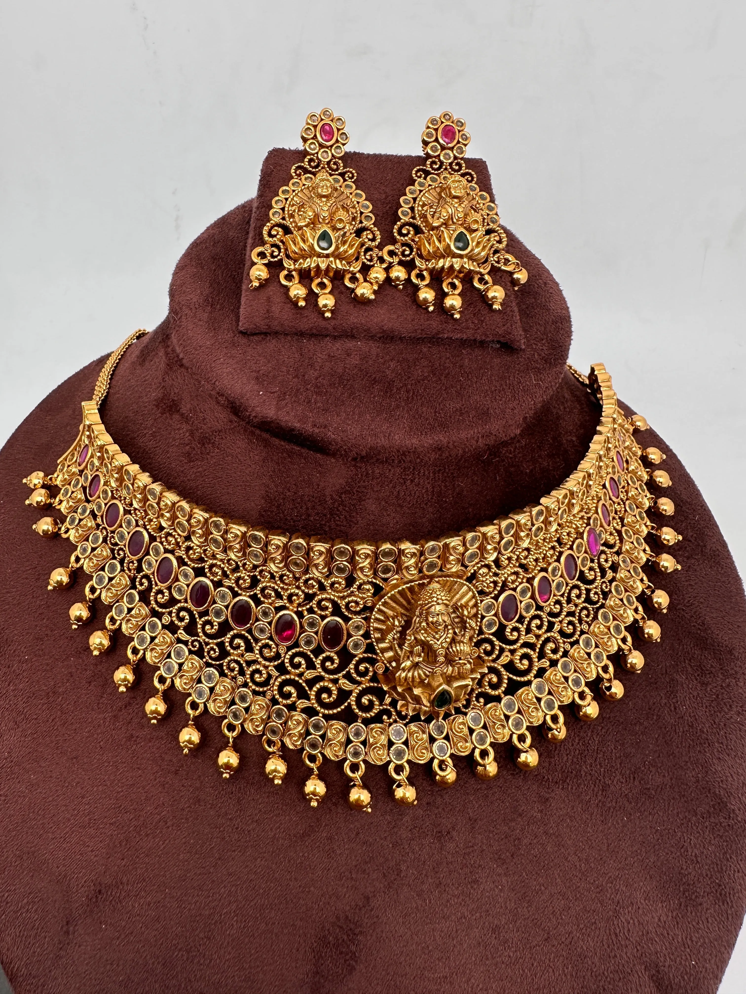 Goddess Lakshmi Premium Matte Finish CZ Red Kemp Stone Nakshi Choker