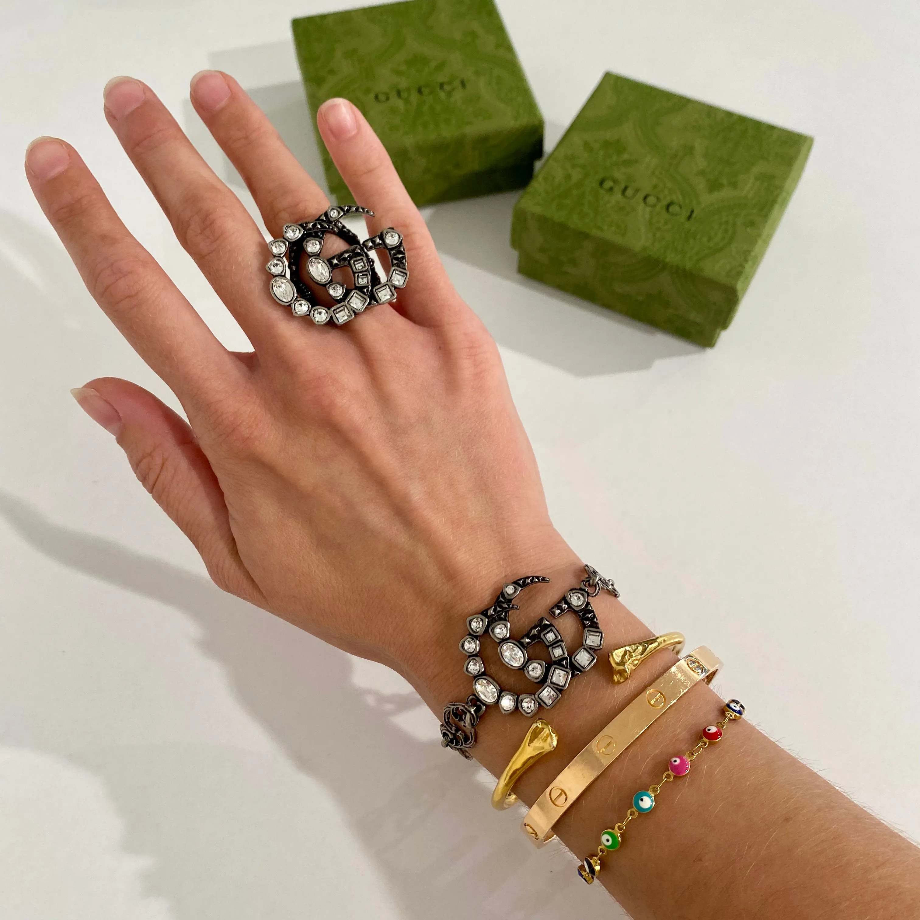 Gucci Crystal & Silver GG Ring