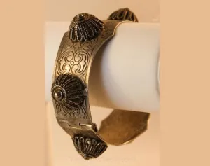 Hippie 1960s Indonesian Look Metal Armored Bracelet - Silvertone - Boho - 60s - Spiral Filigree - Bohemian - Antique Style Cuff - 36490-1