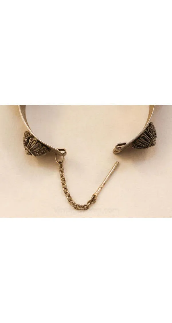 Hippie 1960s Indonesian Look Metal Armored Bracelet - Silvertone - Boho - 60s - Spiral Filigree - Bohemian - Antique Style Cuff - 36490-1