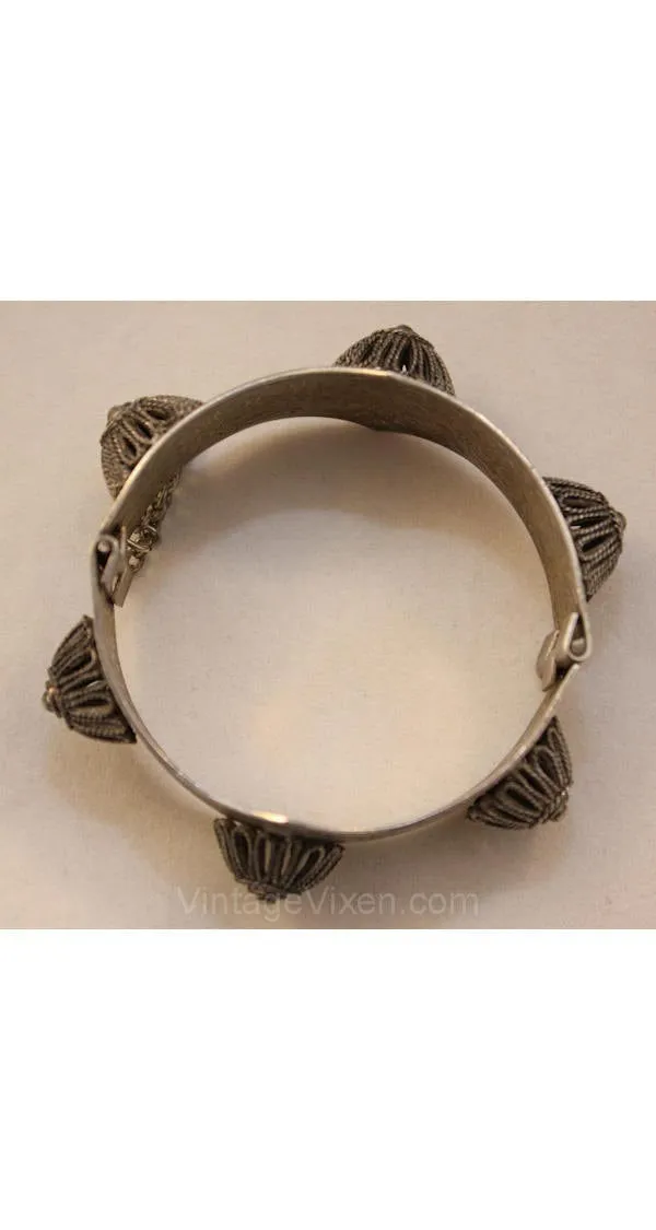 Hippie 1960s Indonesian Look Metal Armored Bracelet - Silvertone - Boho - 60s - Spiral Filigree - Bohemian - Antique Style Cuff - 36490-1