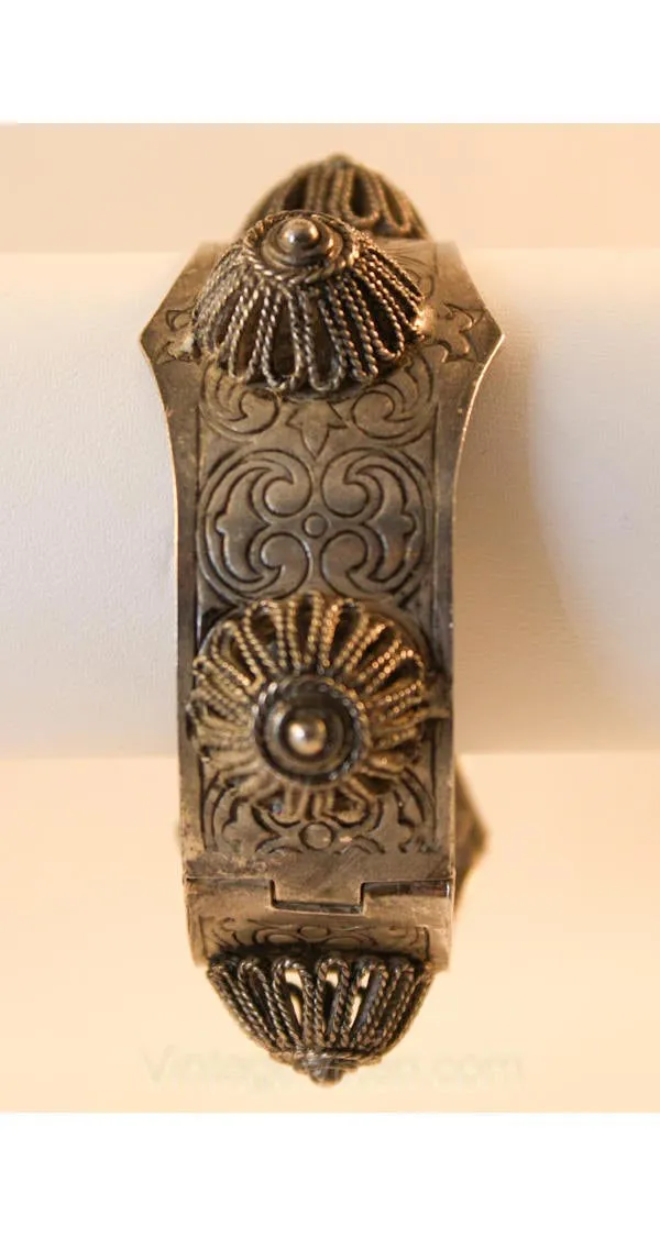 Hippie 1960s Indonesian Look Metal Armored Bracelet - Silvertone - Boho - 60s - Spiral Filigree - Bohemian - Antique Style Cuff - 36490-1