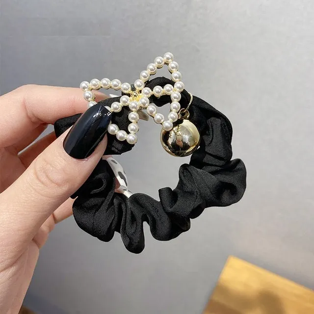 Luxury Black simple love ball head elegant hair rope retro glass crystal peach heart fold large intestine hair ring