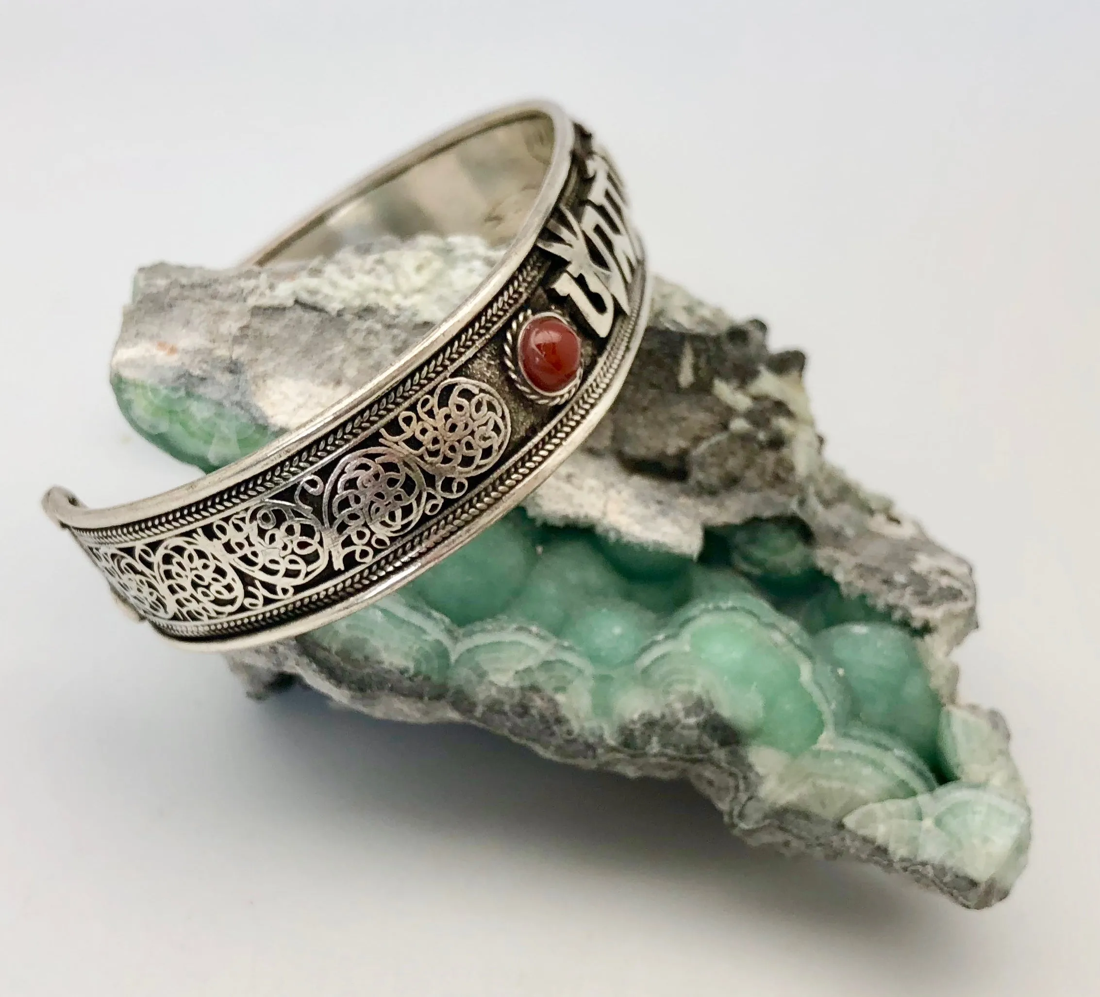 Modern Tibet Silver and Carnelian Om Mani Padme Hum Cuff Bracelet