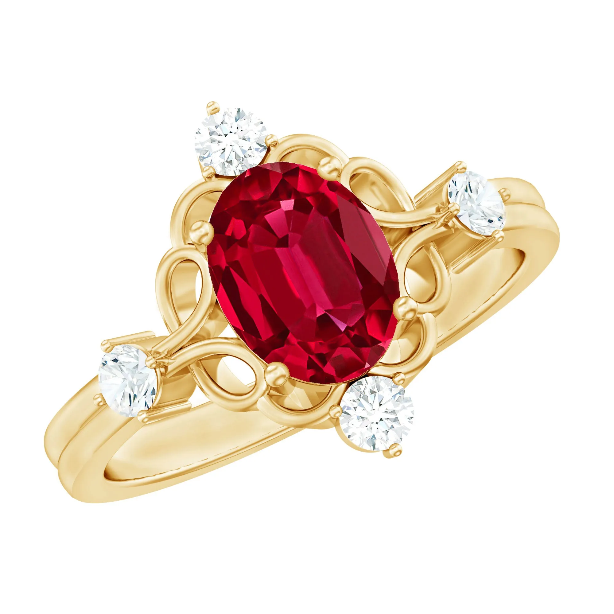 Oval Cut Created Ruby Solitaire Cocktail Ring with Diamond