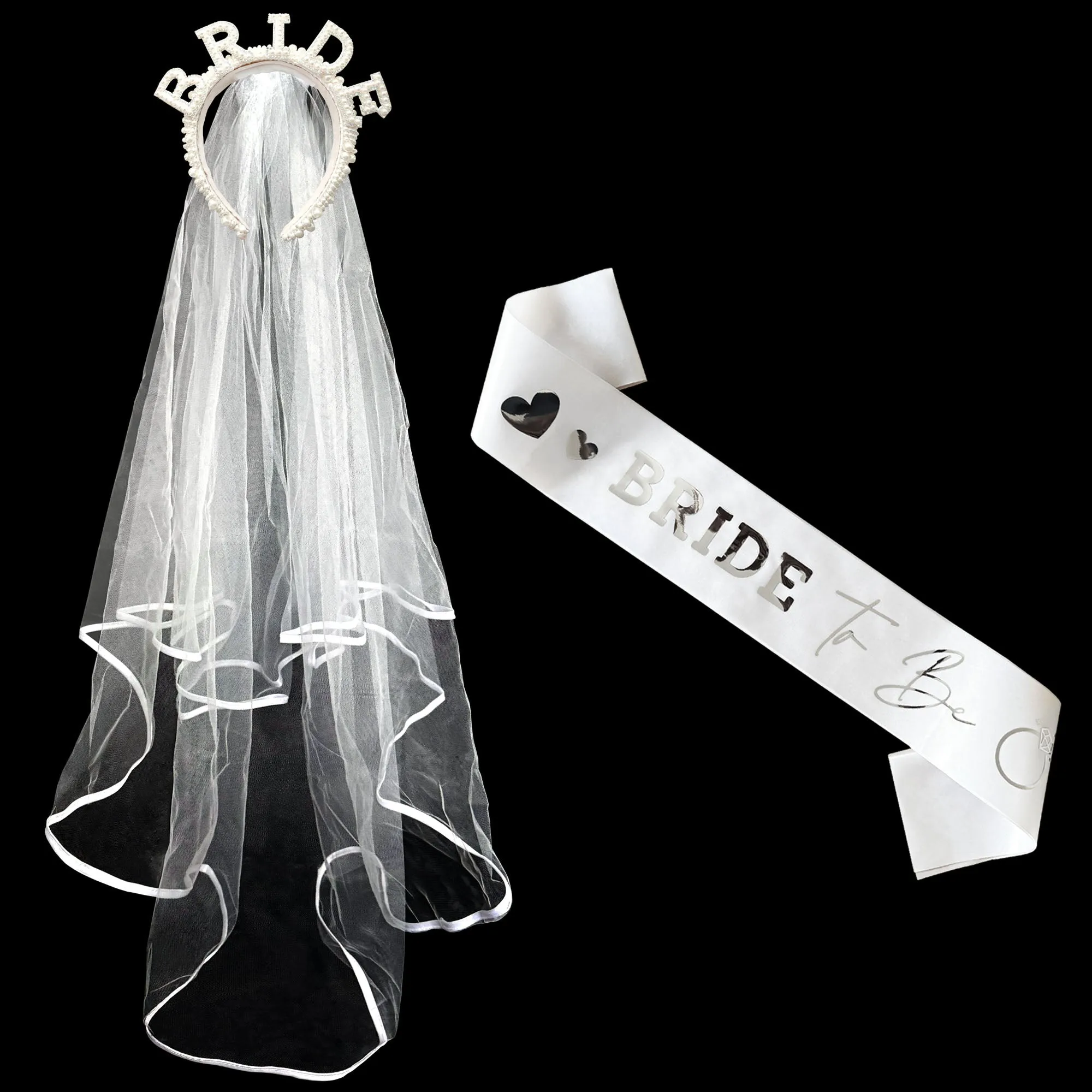 Pearl Sparkly Bride Tiara and Attached 2 Layer Veil and Bride to Be Sash