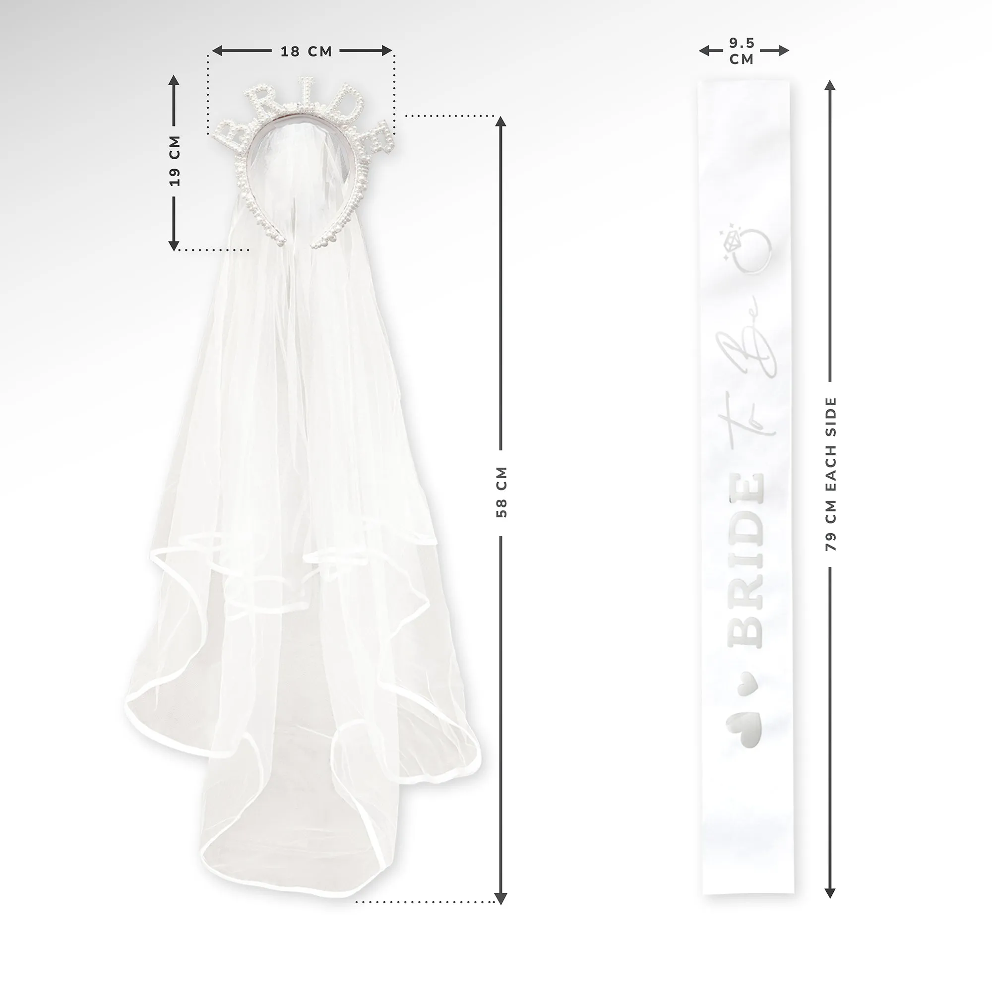 Pearl Sparkly Bride Tiara and Attached 2 Layer Veil and Bride to Be Sash