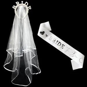 Pearl Sparkly Bride Tiara and Attached 2 Layer Veil and Bride to Be Sash