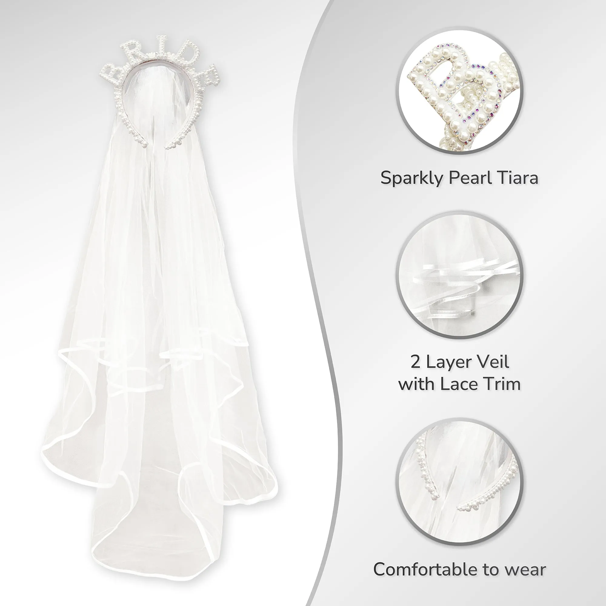 Pearl Sparkly Bride Tiara and Attached 2 Layer Veil