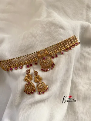 Simple AD cutwork peacock choker with Kemp drops NC457