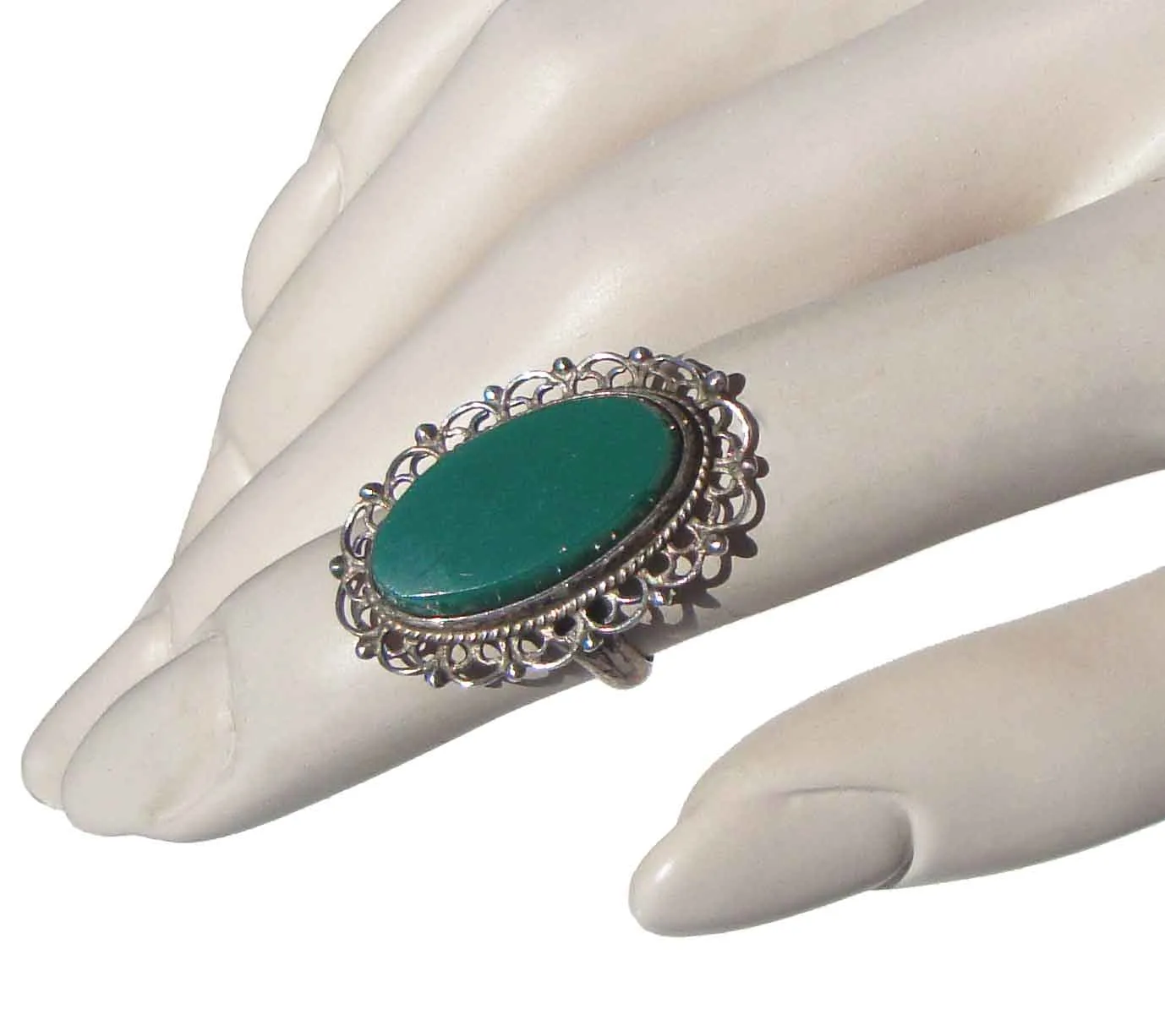 Vintage 50s Mexican Ring Sterling Silver & Green Onyx Sz 5.5