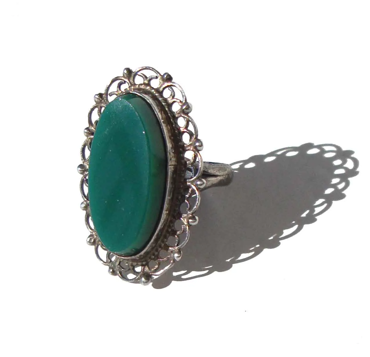 Vintage 50s Mexican Ring Sterling Silver & Green Onyx Sz 5.5
