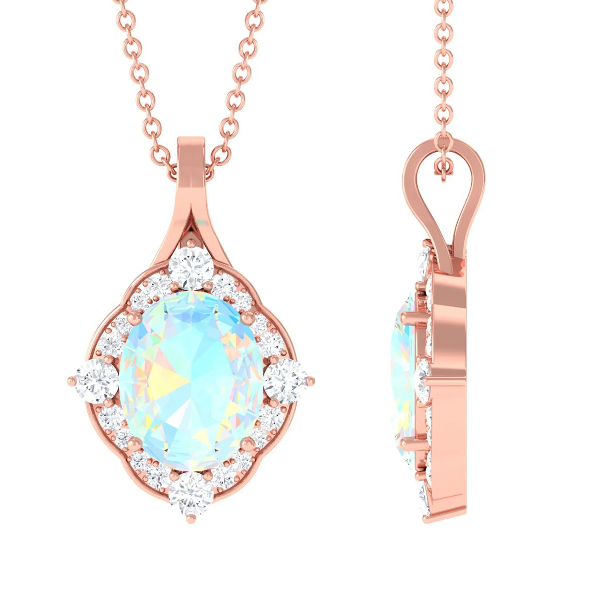 Vintage Inspired Oval Ethiopian Opal Halo Pendant with Moissanite