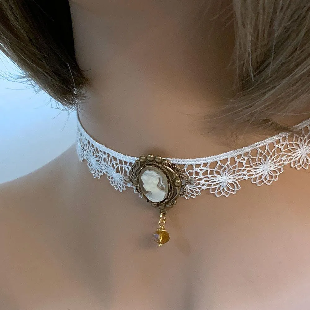 White Lace Victorian Cameo Choker